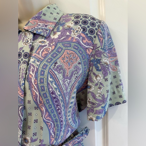 Leslie Fay Patchwork Print Dress Vintage Belted Pleated Skirt Women’s Size 10 - Picture 8 of 12